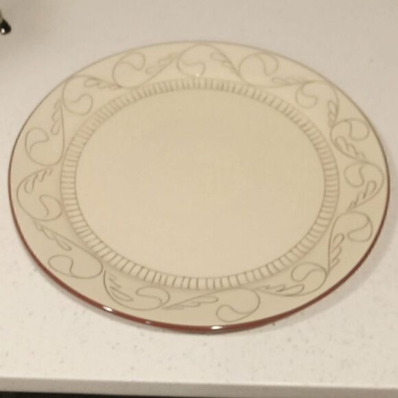 Pottery Barn cream & brown incised scroll Cabrerra design stoneware 14" platter - Picture 1 of 4